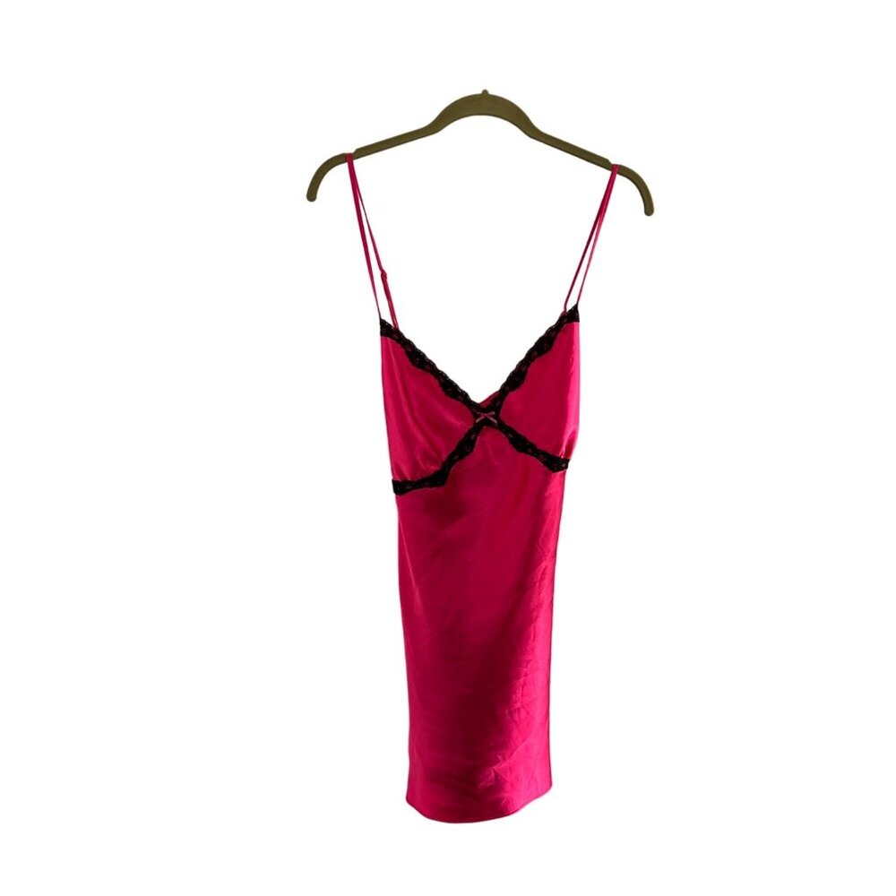 Ambrielle Hot Pink Slip Nightgown Black Lace Trim XL Adjustable Straps Babydoll